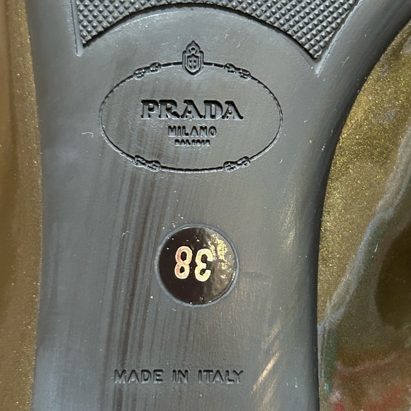 Prada Metalic Green Patent Leather Loafer Kitten Heels - Picture 8 of 9